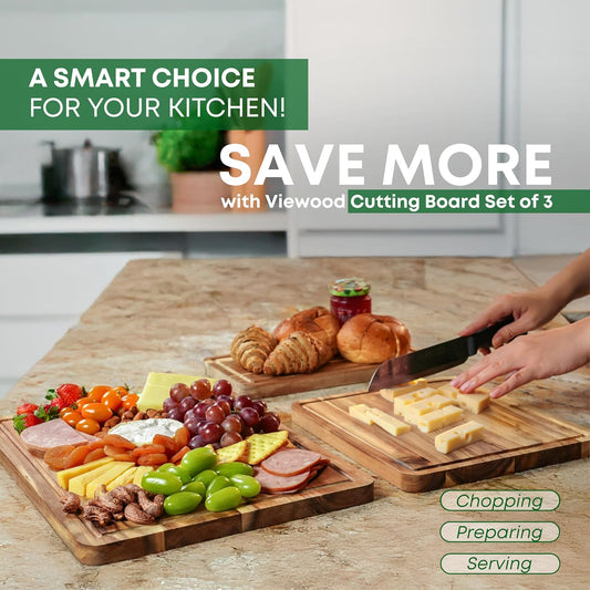 Acacia Wood Cutting Board Set of 3 for Kitchen, Serving, Charcuterie and Food Prep, Pre-Oiled Wooden Boards with Juice Groove (17x12, 12x10, 12x7 Inch)