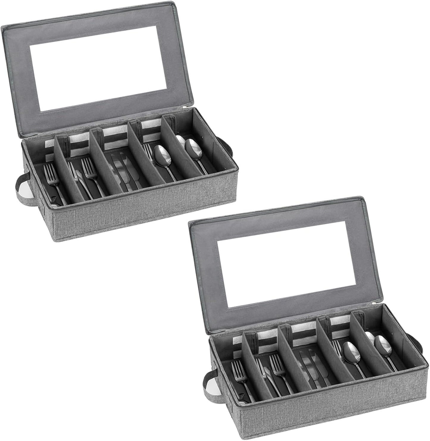 Flatware Utensil Storage Case, Silverware Storage Box Chest with Adjustable Dividers, Cutlery Storage Holder with Zipper Lid for Organizing Cutlery, Flatware, Knives, Large Capacity Gray