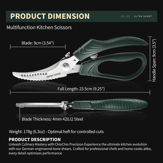 Poultry Shears,Heavy Duty Kitchen Shears with Anti-Slip Handle & Safety Lock,for Meat, Chicken, Bone, Turkey, Fish,Spring-Loaded, Dishwasher Safe