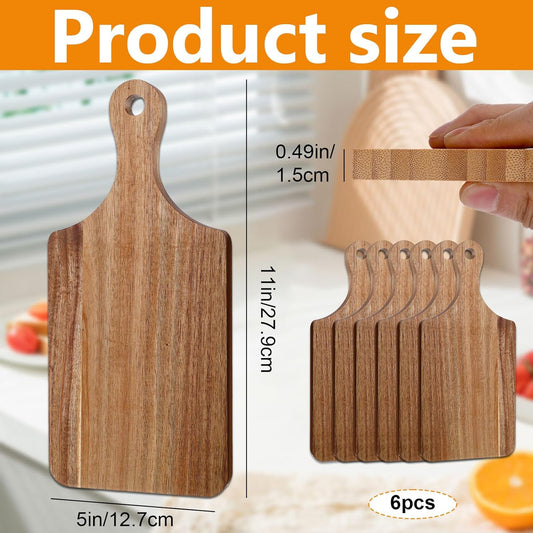 6 Pcs Acacia Wood Cutting Board with Handle, Small Wooden Cutting Board Chopping Reversible Charcuterie Serving Tray for Laser Engraving Blank Boards Kitchen Cooking Housewarming Gifts, 11.0 x 5.0 In