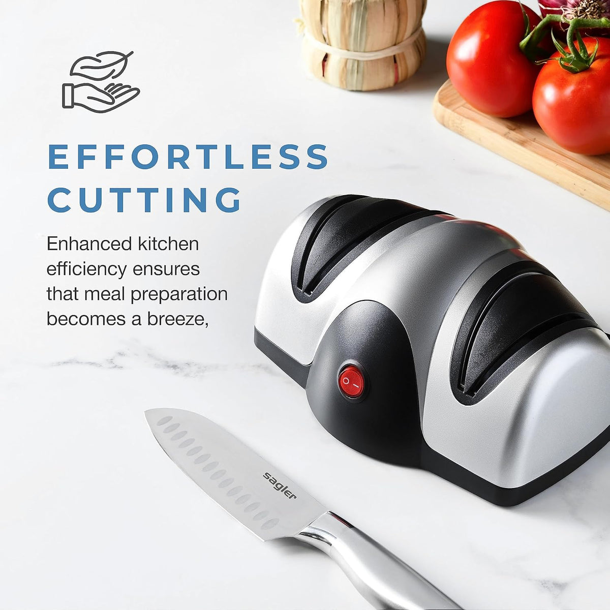 Electric Kitchen Knife Sharpener - 2 Stage Knife Sharpener with Sapphirite Wheels - Repair, Restore, Polish Blades, Cutters - Black