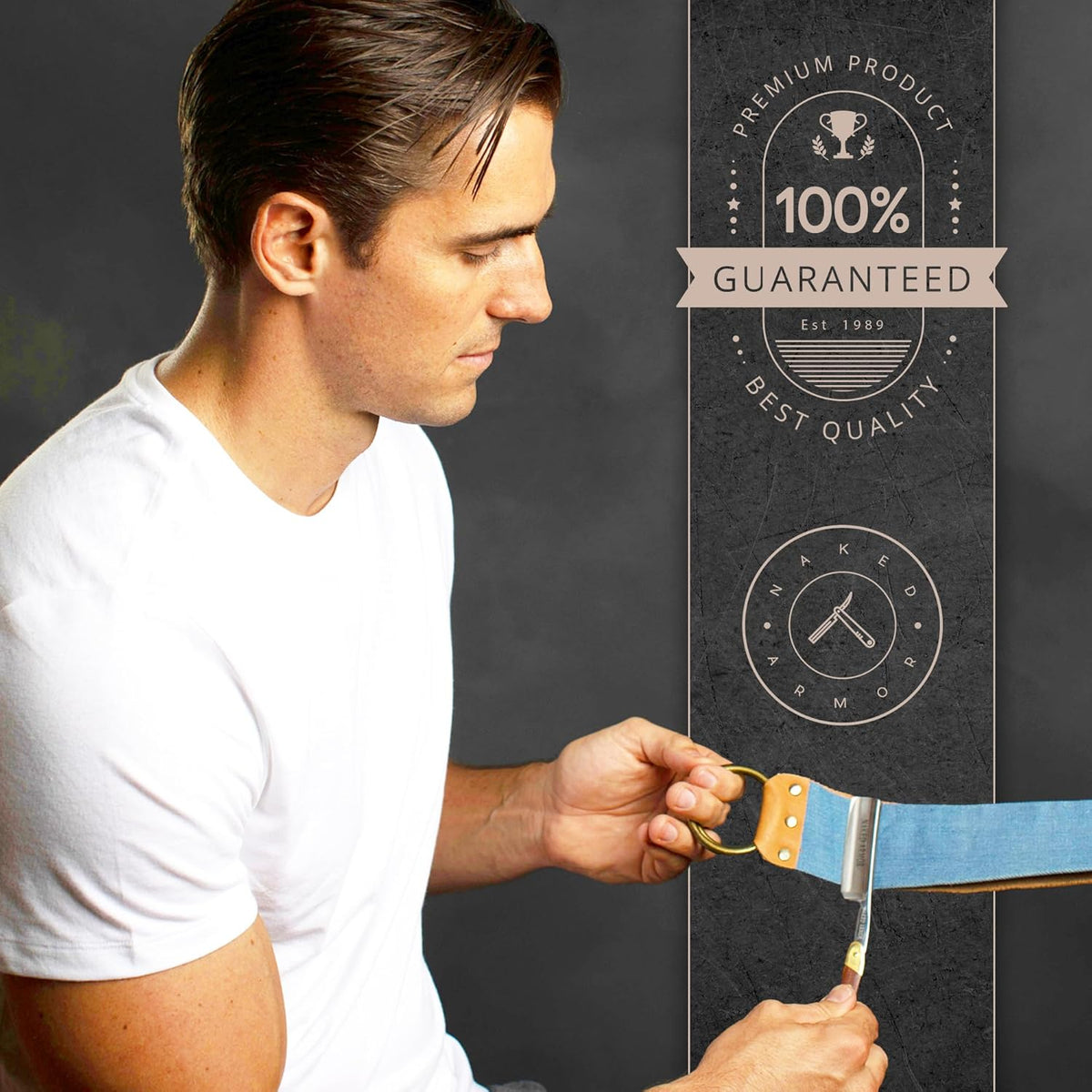 Straight Razor Leather Strop - 2.5" x 15" Hanging Strap, Brown | Cowhide for Blade Sharpening, Canvas Backing, Heavy Duty Brass Hook, Barber Style Polish, Razor Maintenance, Knife Honing