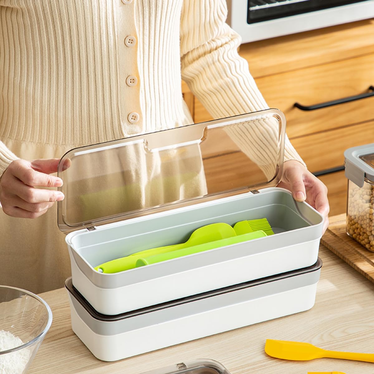 Large capacity Plastic Kitchen Drawer Organizer with Lid and Drainer Stackable Utensil Holder for Countertop Silverware Tray Flatware Organizers - 12.6x4.7x2.4 Inch Spatula Cutlery Tray