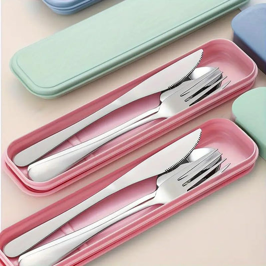 Portable Stainless Steel Utensil Set with Case, 3-Piece Reusable Travel Flatware Set (Fork, Spoon, Knife) for Lunch, Picnic, and Outdoor Dining,Pink