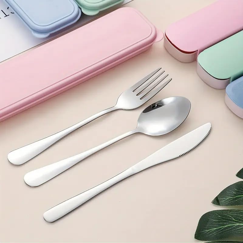 Portable Stainless Steel Utensil Set with Case, 3-Piece Reusable Travel Flatware Set (Fork, Spoon, Knife) for Lunch, Picnic, and Outdoor Dining,Pink