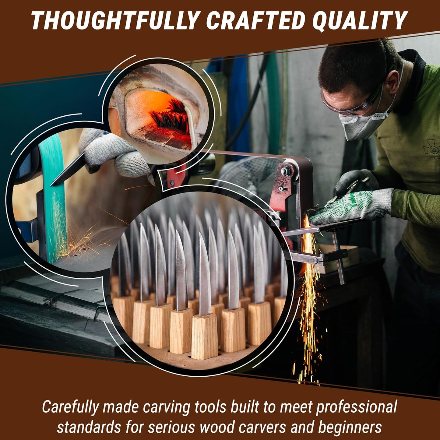 Wood Spoon Carving Tools Kit S14m – Wood Carving Knives for Beginners & Professionals – Whittling Knives Set with Hook Knife, Sloyd Knife and Bowl Gouge for Woodworking & Crafting