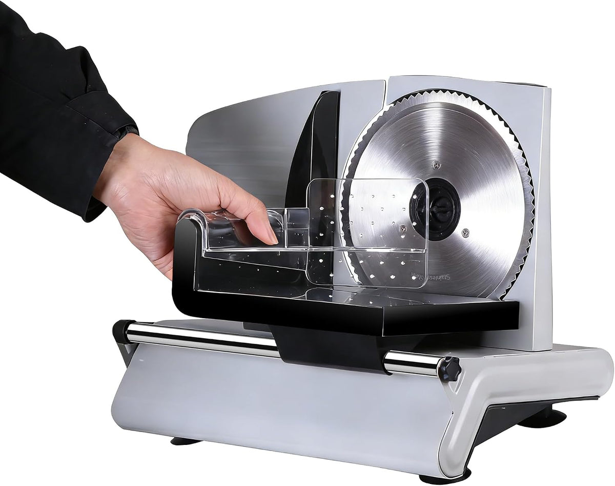 Premium Electric Food Meat Slicer - 7.5inch Stainless Steel Blade Home Kitchen Deli Meat Food Vegetable Cheese Cutter - Thickness Adjustable - Spacious Sliding Carriage - Easy to Clean