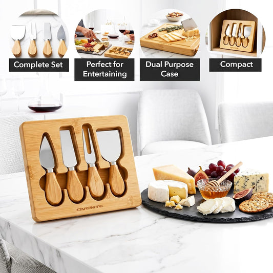 4-Piece Cheese Knife Set with Bamboo Handle, Brown KCS5974B | Complete Stainless Steel Charcuterie Knives w/ Wooden Case, Ideal Fromage Slicer, Spread & Butter Cutter for Party & Gift