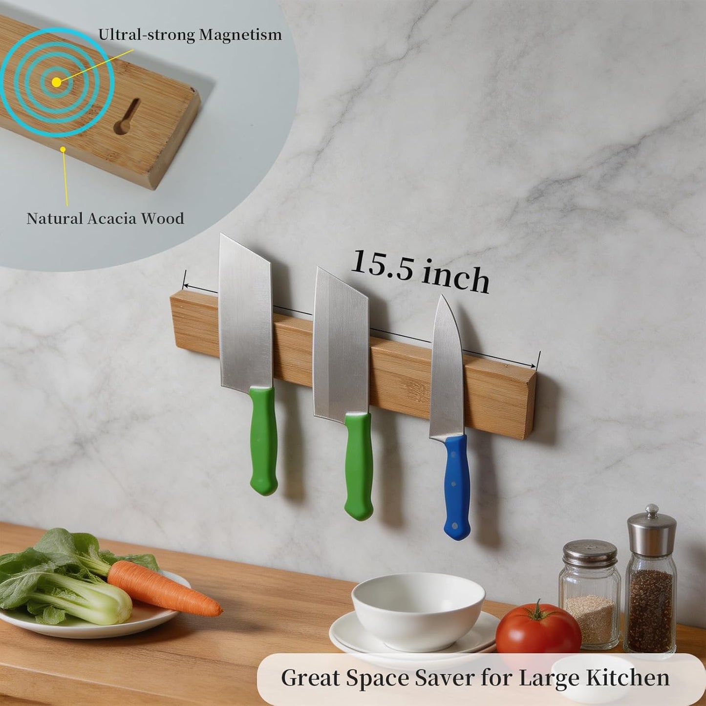 Magnetic Knife Holder for Wall, 20 Inch Acacia Wood Magnetic Knife Strip | with Strong N52 Magnets, No Drill Knife Bar for Kitchen Knives & Utensils, Space-Saving Organizer for Kitchen, RV, Farmhouse