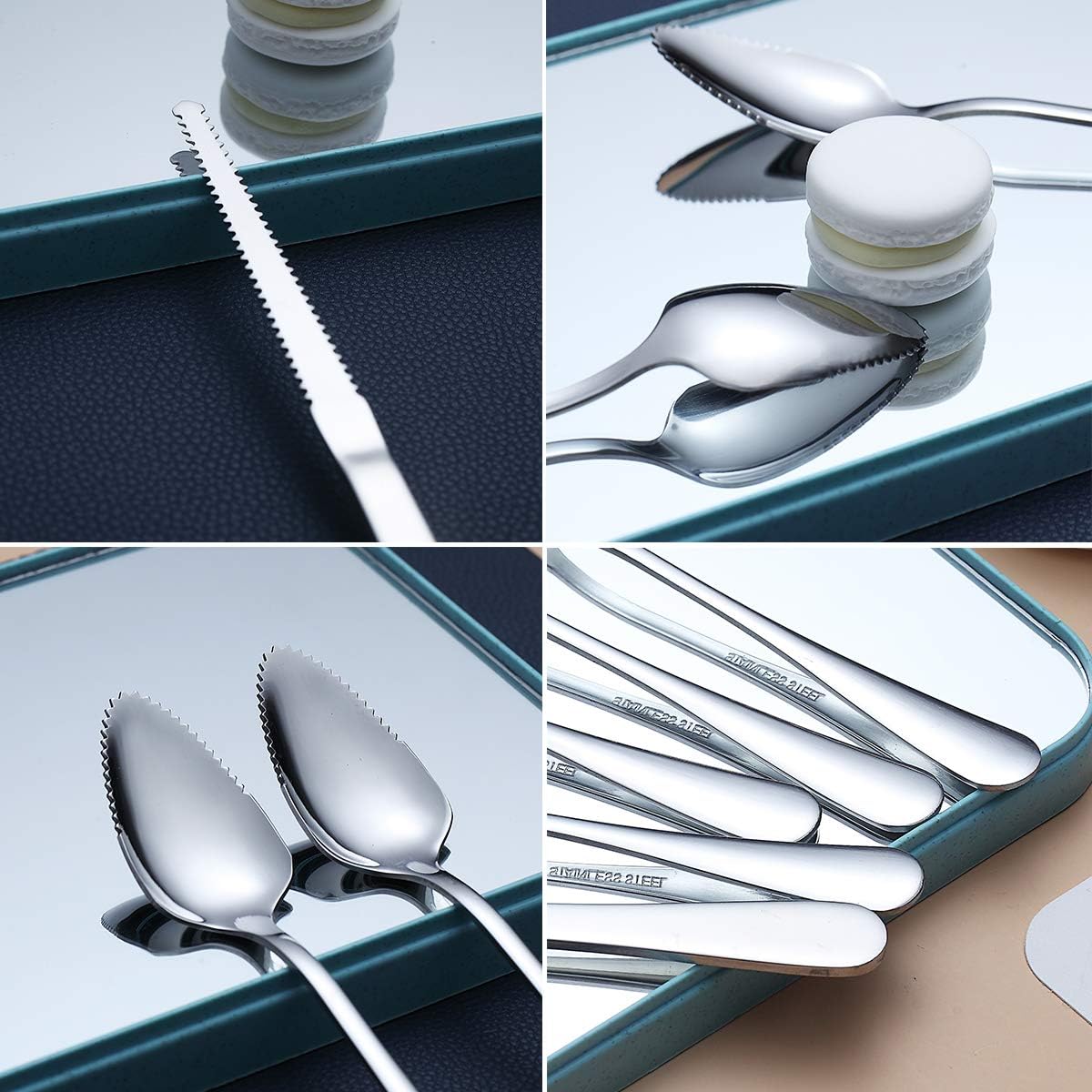 Grapefruit Spoons 5 Pieces Set, 4 Stainless Steel Spoon and 1 Knife with Titanium Plating, Utensil Serrated Edges Pack of (Silver)