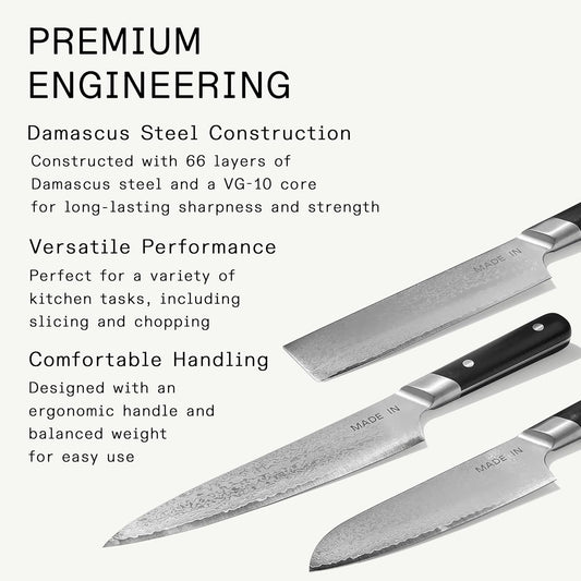 Cookware - 3-piece Japanese Damascus Steel Knife Set (Includes Gyuto, Nakiri and Santoku) - 66 Layers of Damascus Steel with a VG-10 Core - Crafted in Japan - Full Tang With Black POM Handle
