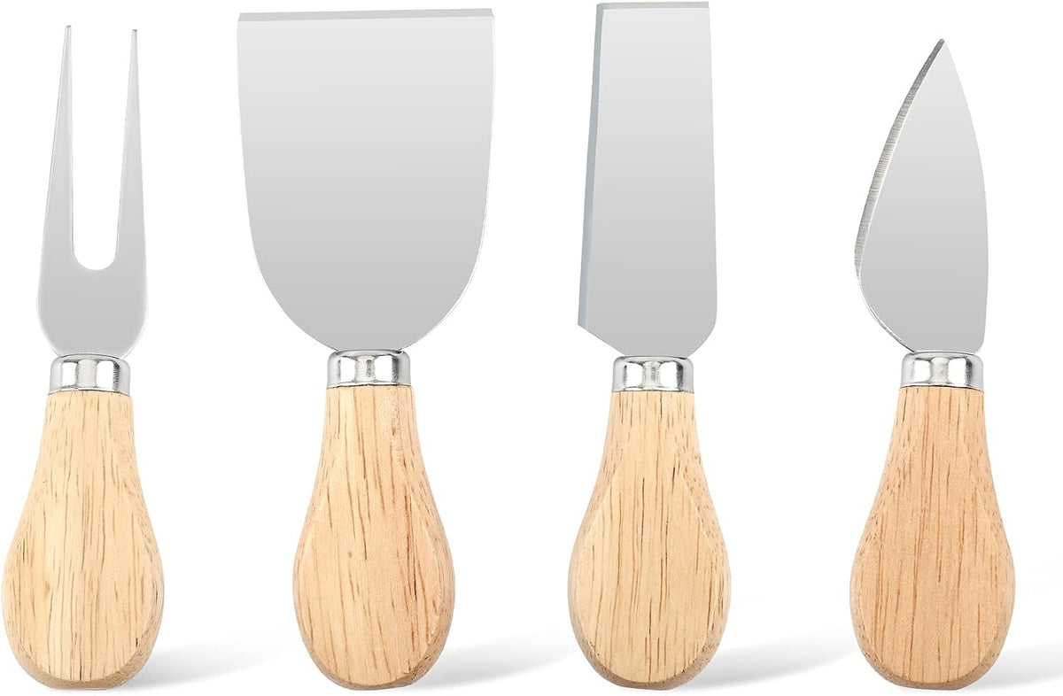 4 Piece Cheese Knife Set for Charcuterie Board, Wooden Handle Spreader Fork