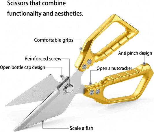 Gold Kitchen Scissors Heavy Duty All Purpose Kitchen Shears for Food | Multipurpose Gold Kitchen Scissors, Rivet Fixed Ergonomic Gold Handle, Cuts Bones, Meat, Veggies for Daily Cooking Prep