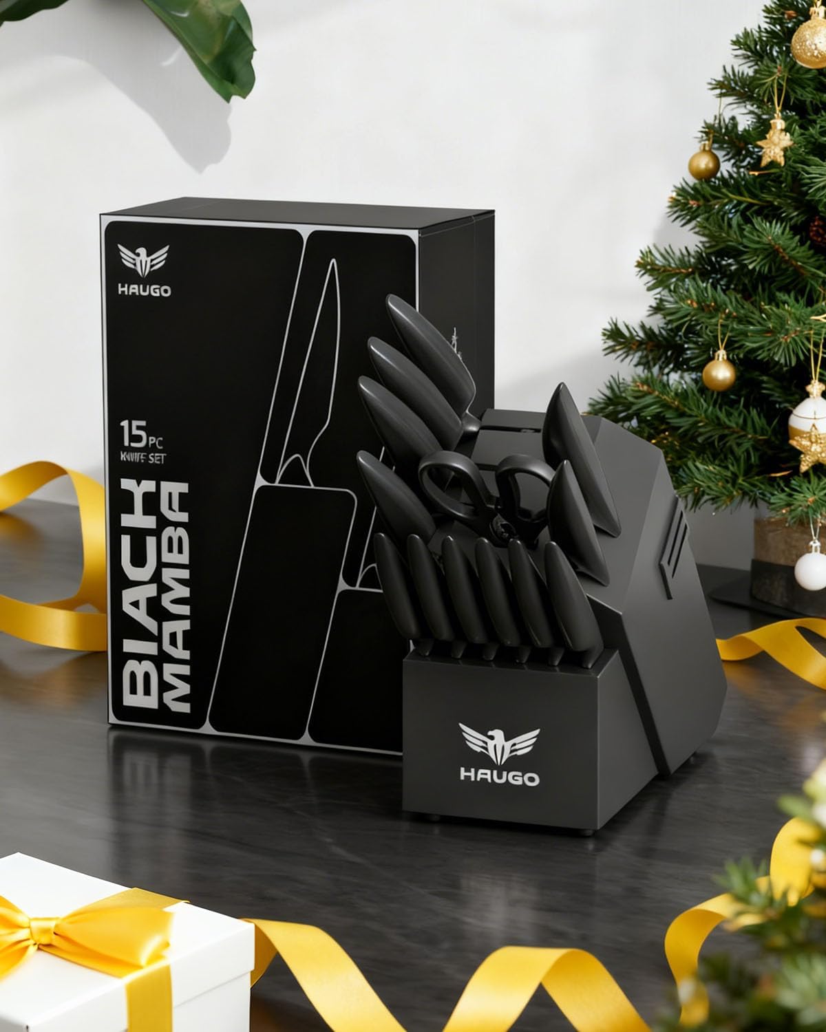 Kitchen Knife Set with Block: 15-Piece High Carbon Stainless Steel Professional Knives - Dishwasher Safe with Sharpener - Comfortable Grip Reduces Hand Fatigue 30% - Black