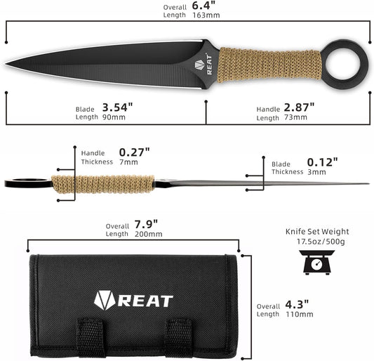 REAT Throwing Knives - 12 Piece, 6.5" 440 Stainless Steel with Green Cord-Wrapped Handle, Includes Nylon Carrying Case for Safe Storage,Ninja Kunai Knives for Competition,Recreation (Black/Green)