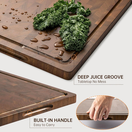 Walnut Wood Cutting Board, End Grain w/Juice Groove & Handles, 17" | Solid end grain walnut, gentle on knives, self-repairing. Juice grooves, handles, non-slip. Reversible prep/serve.+ gift box