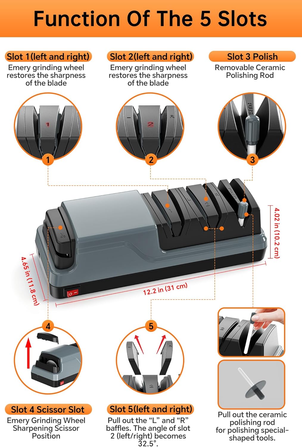 5 in 1 Electric Knife Sharpener Multifunction, Professional Knife Sharpener Electric for Sharpening and Polishing, Quick Restore Kitchen Knives and Scissors, Grey
