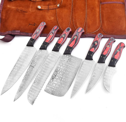136-7 Rust Proof Knife Set 7-Piece Damascus Stainless Steel Blades Professional Chef Knife Set with Leather Roll Case Bag Kitchen Knife Set for Men and Women Gift Pakkawood Handles 136-7 (7)