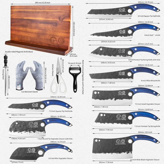 Authentic Since 1986, Knives Set with Block, Scissors, Honing Steel, Peeler, Gloves, Knife Block Set, Meat Boning Slicing Cooking Bread Vegetable Chef Knives, Full Tang Design, Wood Handle
