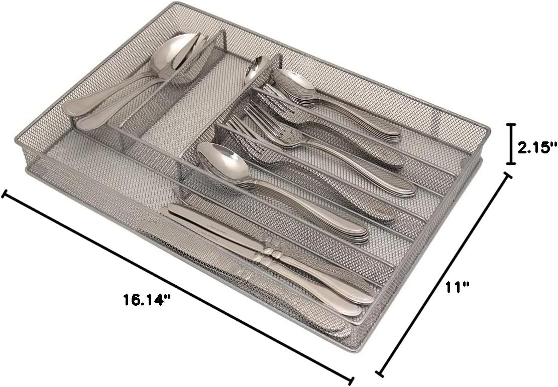 Mesh Large Cutlery Tray with Foam Feet - 6 Compartments - Kitchen Organization/Silverware Storage Utensil Flatware Tray