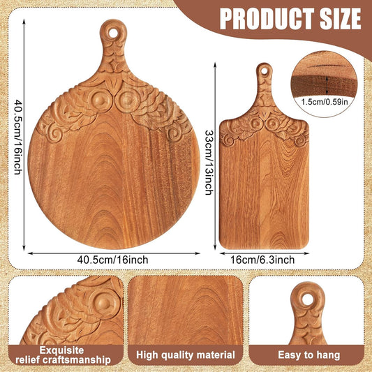 2 Pcs Wood Chopping and Serving Tray Carved Cutting Board with Handle Kitchen Charcuterie Board Butcher Block Serving Tray for Cheese Meat Fruit Pizza Bread Baking 16 x 12 Inch, 14 x 10 inch
