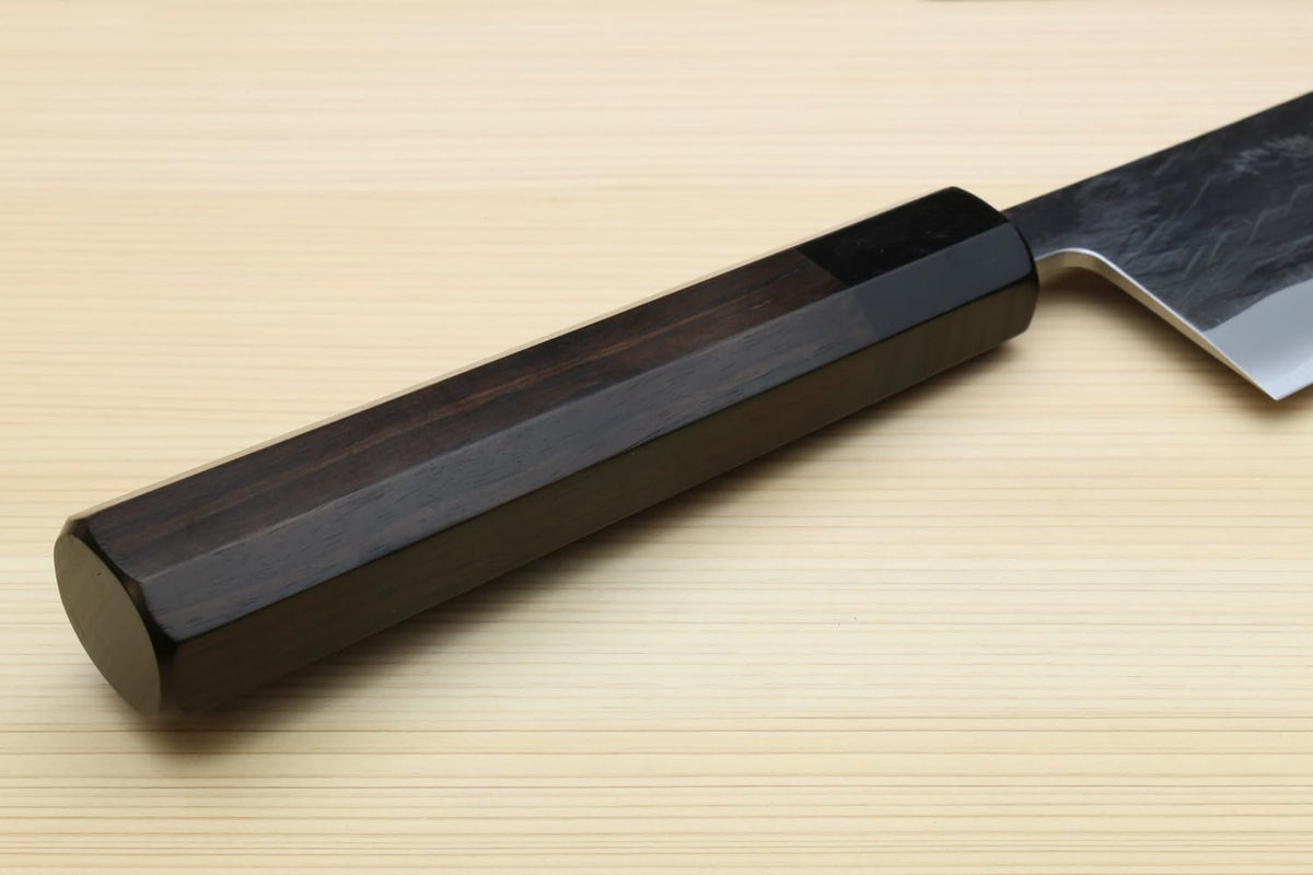 Yoshihiro Kurouchi Black-Forged High Carbon Blue Steel Stainless Clad Kiritsuke Japanese Multipurpose Knife Ebony Handle (8.25" (210mm) & Saya)