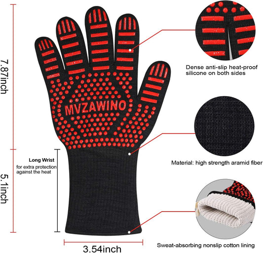BBQ Grill Gloves, 1472°F Heat Resistant | Non-Slip Silicone, Washable, Long Protection for Kitchen, Cooking, Grilling, Baking