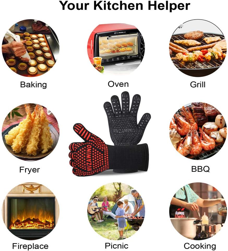 BBQ Grill Gloves, 1472°F Heat Resistant | Non-Slip Silicone, Washable, Long Protection for Kitchen, Cooking, Grilling, Baking