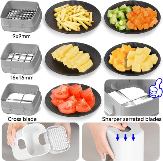 Multifunctional Vegetable Chopper White - 3 Interchangeable Blades Potato French Fry Cutter with Container & Storage Box Food Chopper Dicer for Cucumber, Tomato, Carrot, Onion