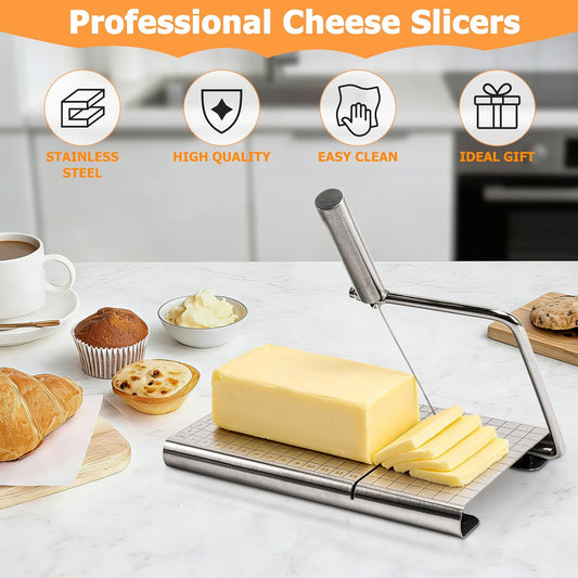 Cheese Slicer with 4 Piece Cheese Knives Set, Stainless Steel Cheese Cutter with Measuring Grids,Tightness Adjustable Wire Cheese Slicer for Block Cheese, with 5 Extra Wires