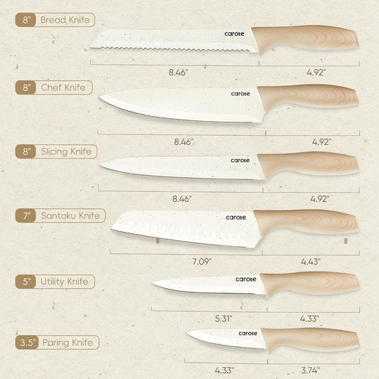 12-Piece Knife Set, Knives with Wood-Grain Finish Handles, White | 6 Blade Guards, Stainless Steel Blades, Ceramic Nonstick Coating, Long-Lasting Sharpness, Rust-Resistant, Camping, RV