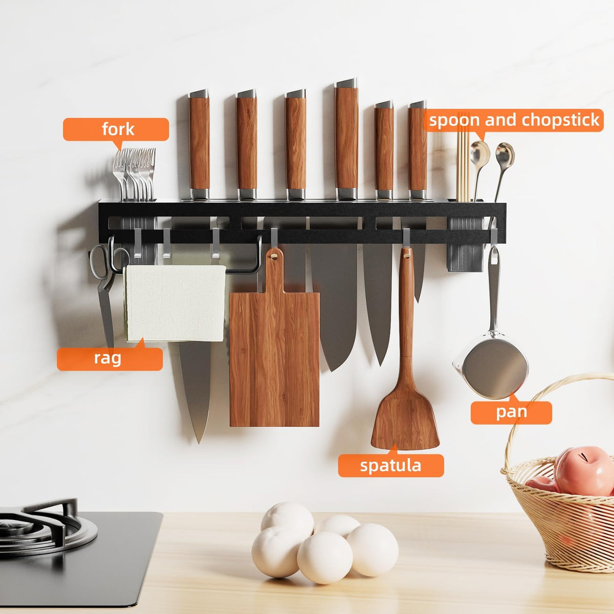 Wall Mount Utensil Rack, 15.7inch Pot Hangers for Kitchen, Kitchen Utensil Hanger for Spoons, Knives, Forks, Chopsticks, Knife Rack