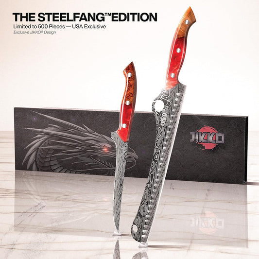 ® SteelFang Edition – Japanese Brisket & Fillet Knife Set with Olive Wood & Red Epoxy Resin Handles | Premium Butcher & Carving Knives for Meat, BBQ & Fish – Ultra Sharp Stainless Steel Blades
