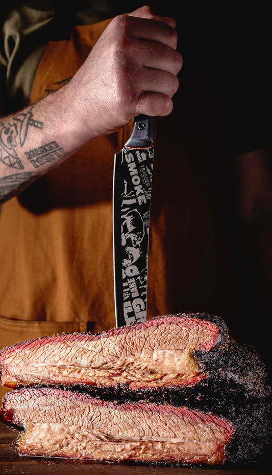 Traeger Grills BBQ Slicing Knife – Long Rigid German X50 Stainless Steel Blade for Clean, Precise Cuts on Brisket & Large Meat, Rust-Resistant & Ultra-Sharp - Made in partnership with Messermeister