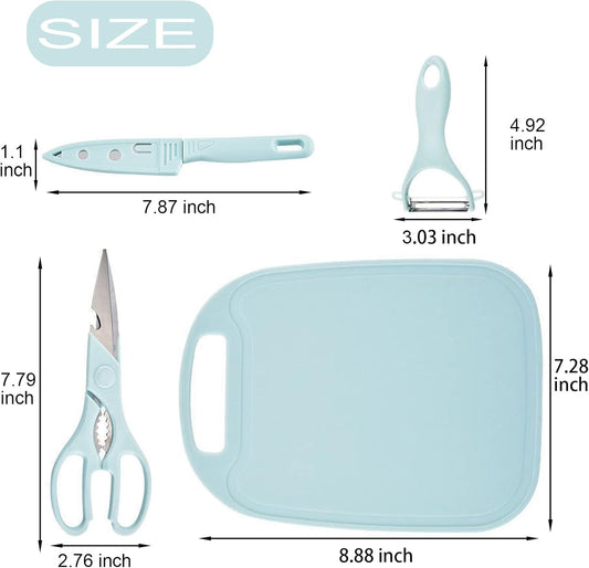 Travel Cutting Board Set, 4 Pcs Portable Mini Camping Knife Set | Plastic Cutting Board Set & Stainless Steel Knife with Sheath, Fruits & Vegetable Peeler Scissors,Blue