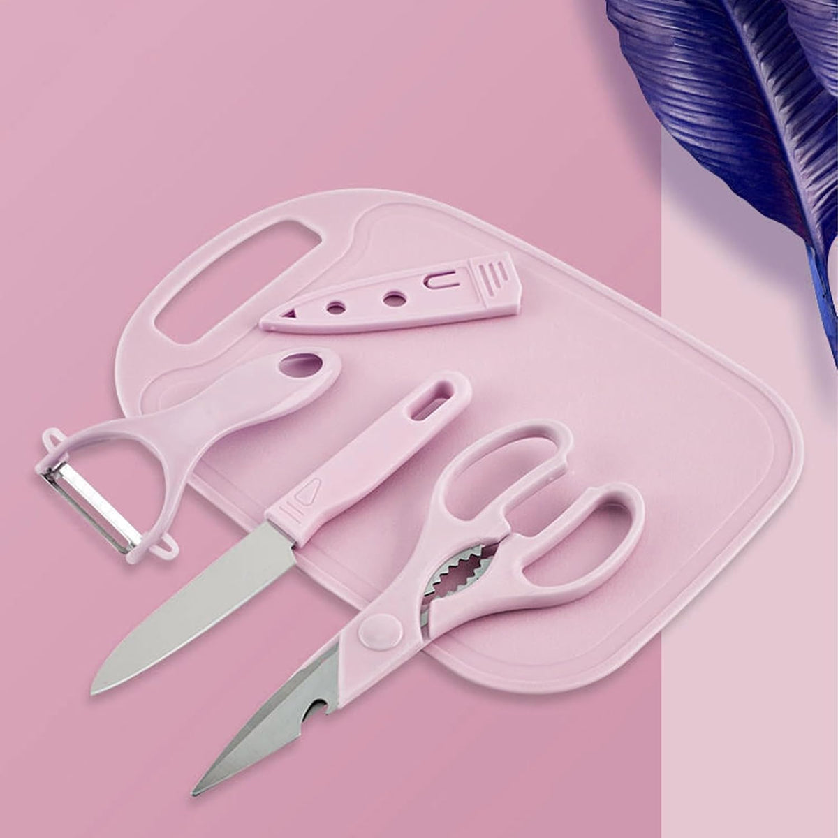 Travel Cutting Board Set, 4 Pcs Portable Mini Camping Knife Set | Plastic Cutting Board Set & Stainless Steel Knife with Sheath, Fruits & Vegetable Peeler Scissors,Blue