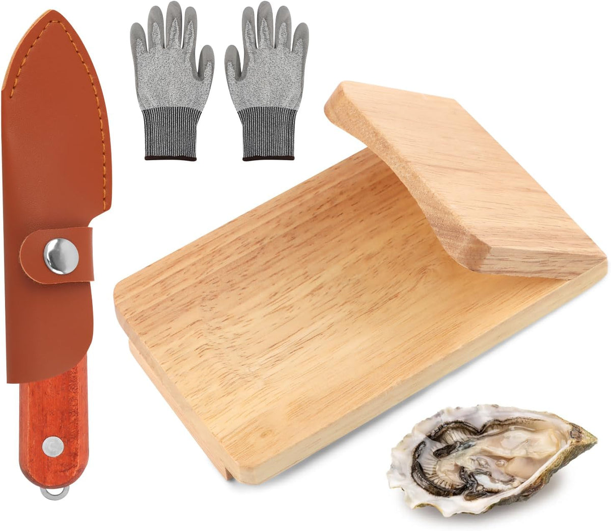 Oyster Knife Shucker Set Oyster Shucking Knife with Wooden holder Oysters Shucking Clamp & Cut Resistant Gloves Seafood Tools for Clam, Shellfish, Crab, Kitchen Knifes Tool Gift