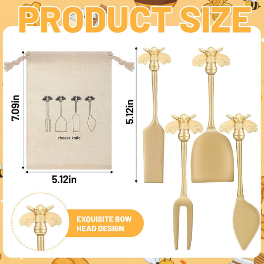 Set of 4 Bee Cheese Knives Set with Bag Cheese Spreaders Bee Brass Knives Slicer and Butter Cutter for Charcuterie Boards Accessories