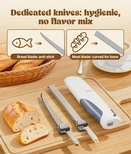 Cordless Electric Knife for Meat Slicing, 8V Electric Carving Knife for Fish, Bread, Turkey, Rechargeable Meat Cutter with Reciprocating Stainless Steel Blades, Safety Lock