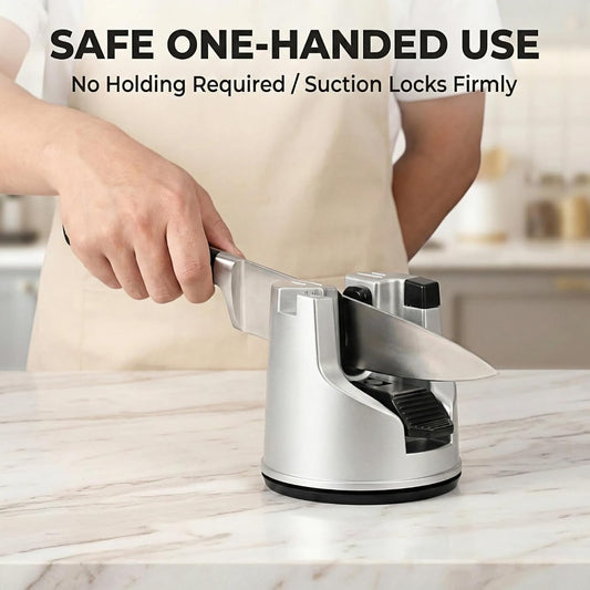 Knife Sharpener for Kitchen Knives, 3-Stage Suction Cup Sharpening Tool for Straight and Serrated Blades, Scissors Sharpener with Auto-Adjust Angle, Safe One-Handed Chef Knife Accessories