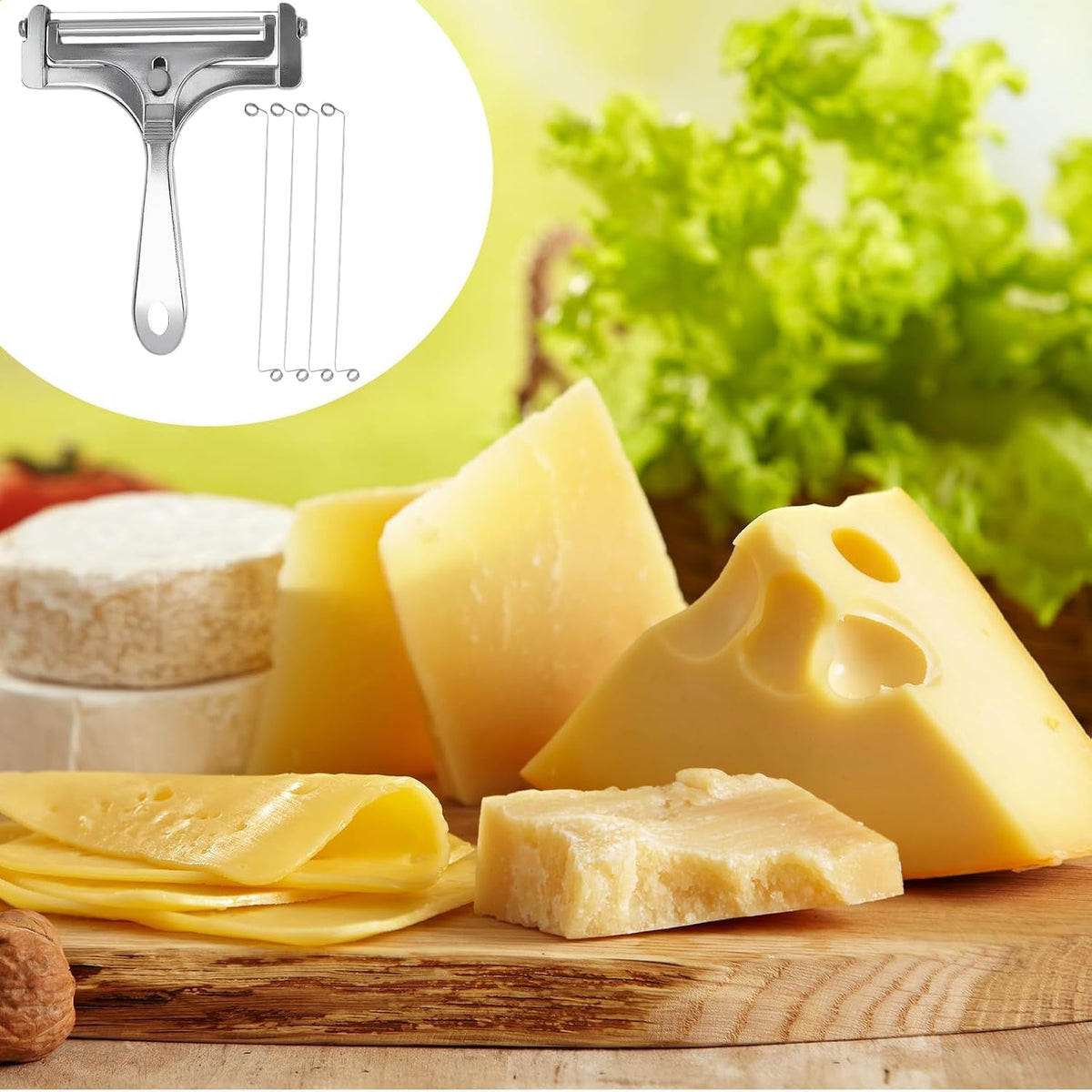 2PCS Wire Cheese Slicer, Stainless Steel Cutter with 4 Replacement Wires | Adjustable Thickness Shaver for Cheddar, Mozzarella, Ham and Fruit, Black