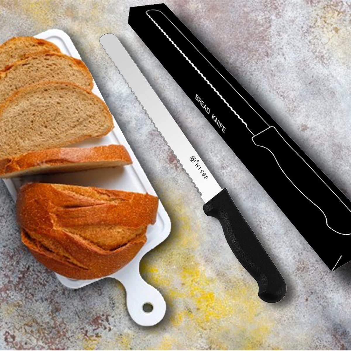 Serrated Bread Knife With Sheath 10 Inch, Black Upgraded Stainless Steel Razor Sharp Wavy Edge Wide Bread Cutter, For Slicing Homemade Bread, Bagels, Cake,Dishwasher Safe