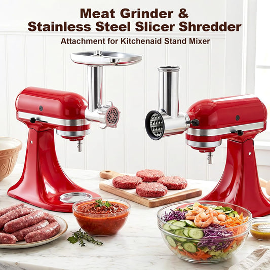 Meat Grinder & Cheese Grater for KitchenAid Stand Mixer, 2-Pc | Stainless Steel Grater, Slicer/Shredder & Food Grinder Attachments, Kitchen Aid Accessories and Attachments