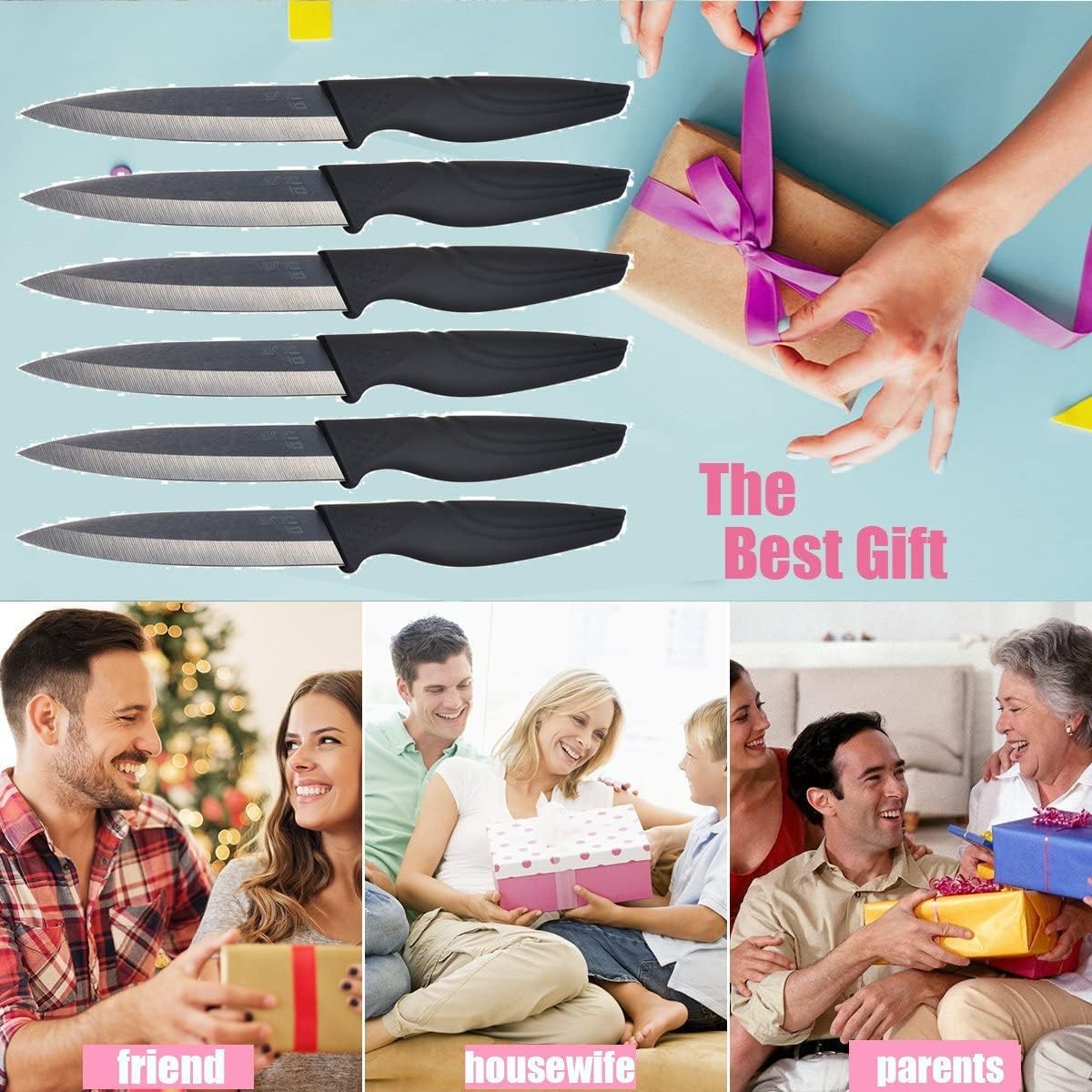 Steak Knives Set of 6 Extremely Sharp Kitchen Ceramic Black Blade Knife