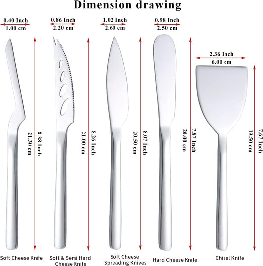 Cheese Knife Set of 5 for All Types of Cheese, Stainless Steel Cheese Cutter Slicer Ergonomic Design for Confortable Grip and Cut, Butter Spreader Knife