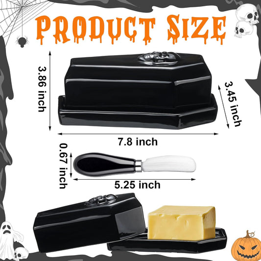 2 Pcs Coffin Butter Dish with Lid Set with Butter Knife Black Gothic Skull Shape Ceramic Halloween Gothic Horror Kitchen Utensils Gift for Halloween Table Decoration Party Supplies(Flat)