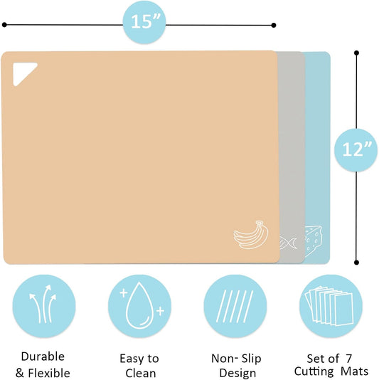 7 Pieces Plastic Flexible Cutting Boards for Kitchen, BPA- Free,15"x12" | Non Slip Cutting Mats with Food Icons, Easy-Grip Handles