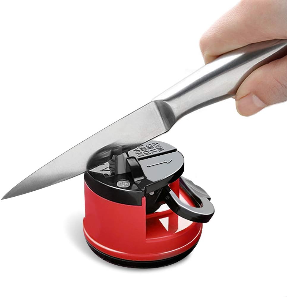 Knife Sharpeners for Kitchen Knives with Suction Base, Red | Suction base, Tungsten carbide groove, 20-degree angle, Compact red design, For kitchen & pocket knives