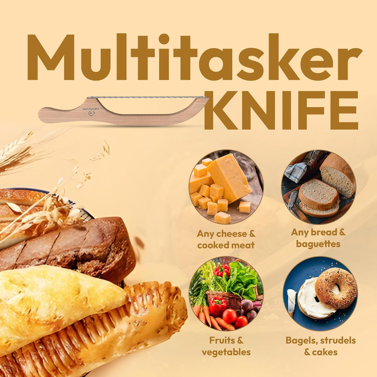 Kitchen Click Bread Knife for Homemade Bread – 16" Acacia Wood Bow Knife with 3 Extra Blades – Sourdough Bread Slicer for Even, Crumb-Free Cuts – Ideal for Artisan Loaves, Bagels