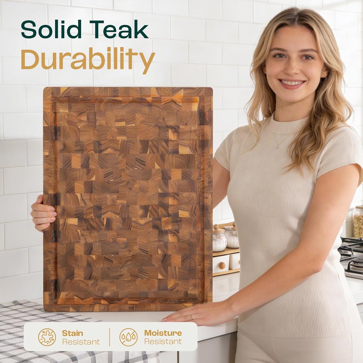 Large Teak Cutting Boards for Kitchen, 20"x15"x1.5" End Grain Butcher Block with Food-Friendly Surface, Durable Wood Chopping Board with Juice Grooves and Easy-Grip Handle for Home Prep